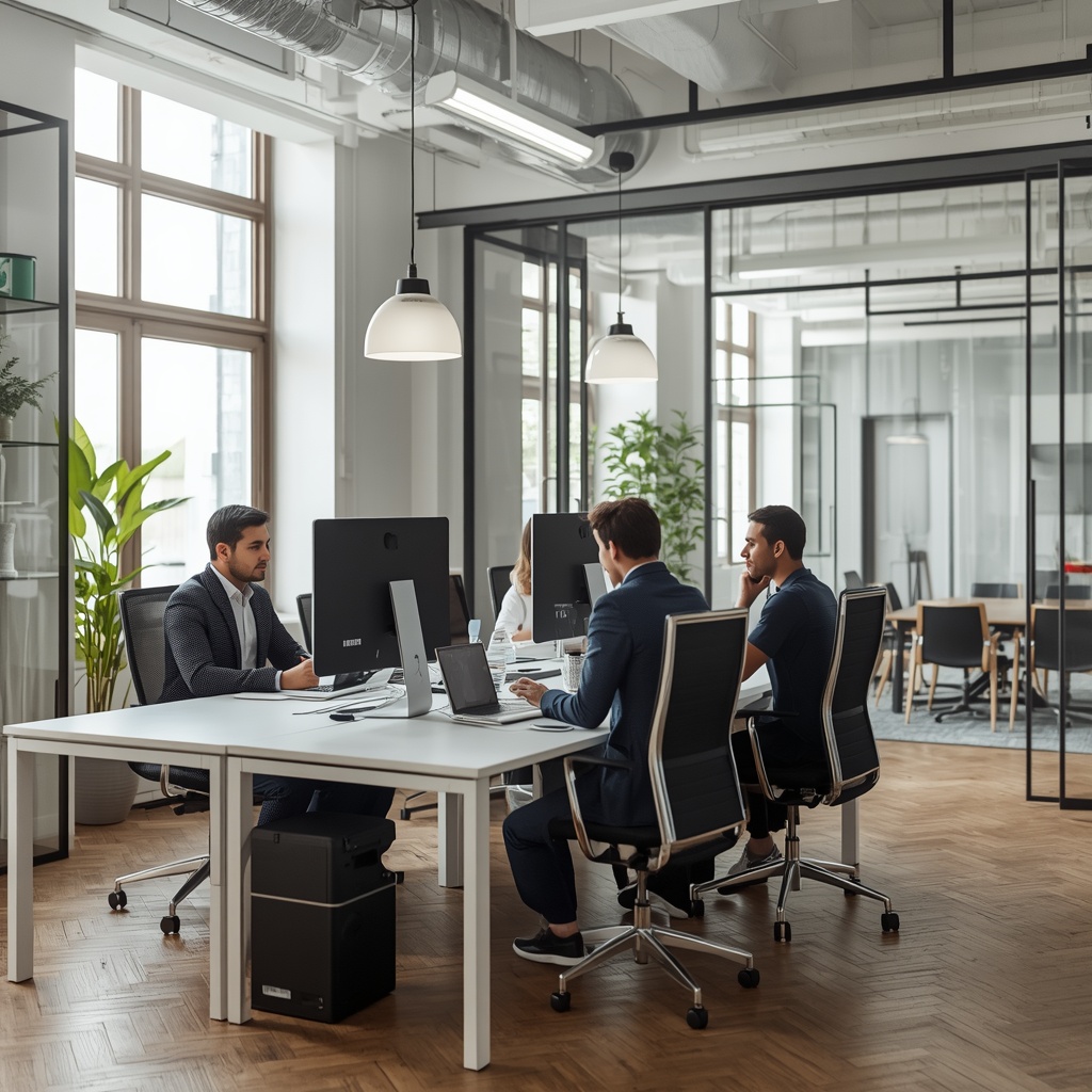 Professional team workspace with modern office setup, natural lighting, collaborative environment, desk with computers and meeting area
